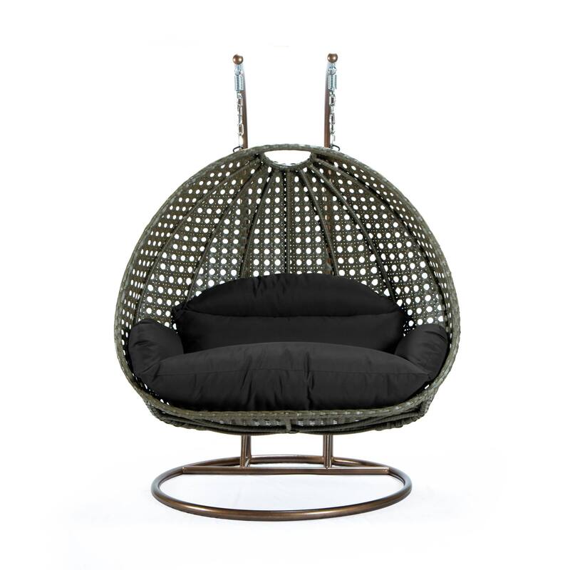 LeisureMod 2-Person Hanging Egg Swing Chair with Metal Stand - Handcrafted Beige Wicker, Patio Hammock Lounger with Cushions