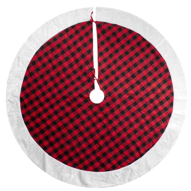 48" Red and Black Buffalo Plaid Christmas Tree Skirt with Faux Fur Trim - 48