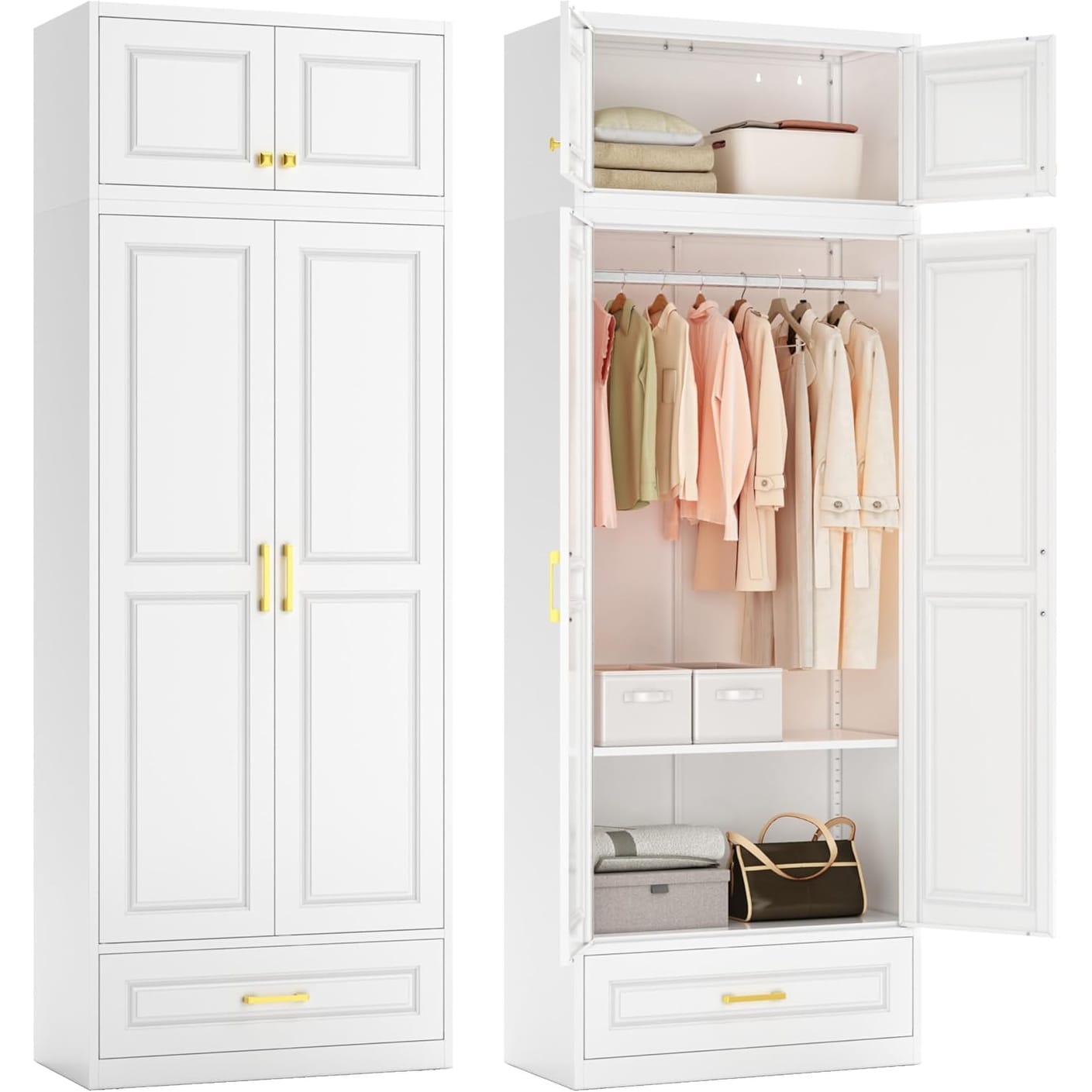86 Inch Tall Freestanding Wardrobe with Hanging Rod and Drawer
