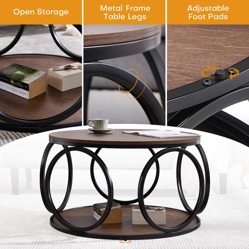 2-Tier Round Industrial Coffee Table with Metal Frame - 31.5"Dia x 18.7"H