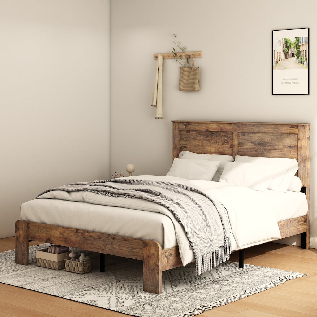Rustic Style Platform Bed Noise Reduction Bed Frame, King Size