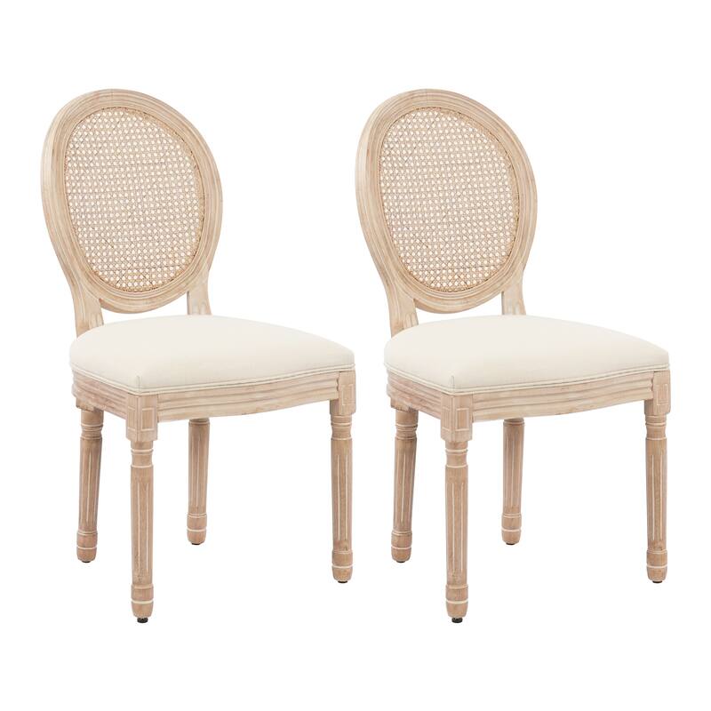 Rattan Oval Back Dining Chairs, Beige Upholstered Fabric Bistro Chair, Farmhouse Rubber Wood Banquets Seating Chairs Set of 2 - Beige
