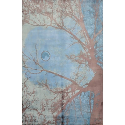 Hand Knotted Oriental Viscose Silk Carpet Modern Pictorial Navy Blue & Blues Abstract Area Rug - 7' 10'' X 5' 8''