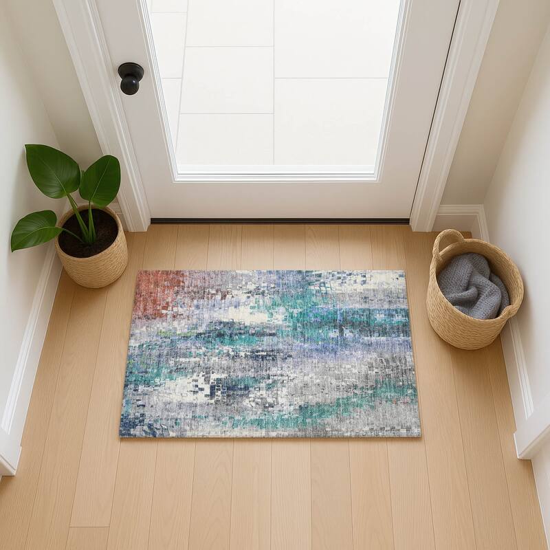Machine Washable Indoor/ Outdoor Abstract Pixels Chantille Rug