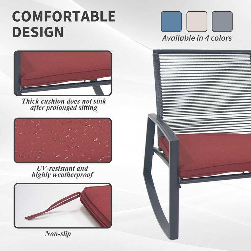 Domi Outdoor 3-Piece Wicker Rocking Chair Set, Patio Conversation Set with Removable Textilene Cushions & Metal Coffee Table