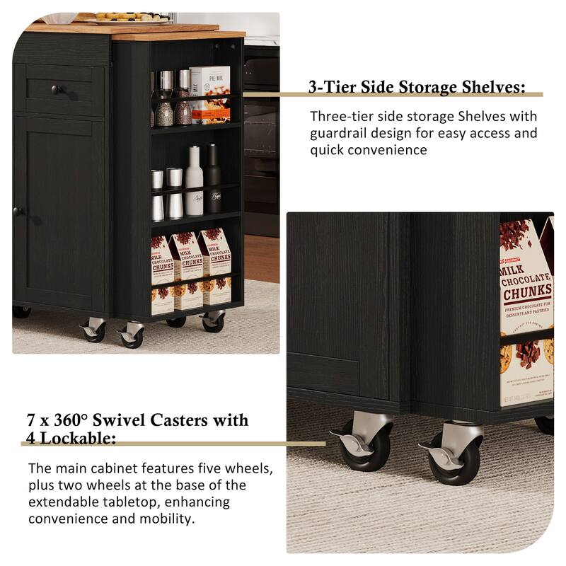 Anmytek Expandable Kitchen Island Cart Wood Top Black Storage Mobile Prep Station Small Space Modern