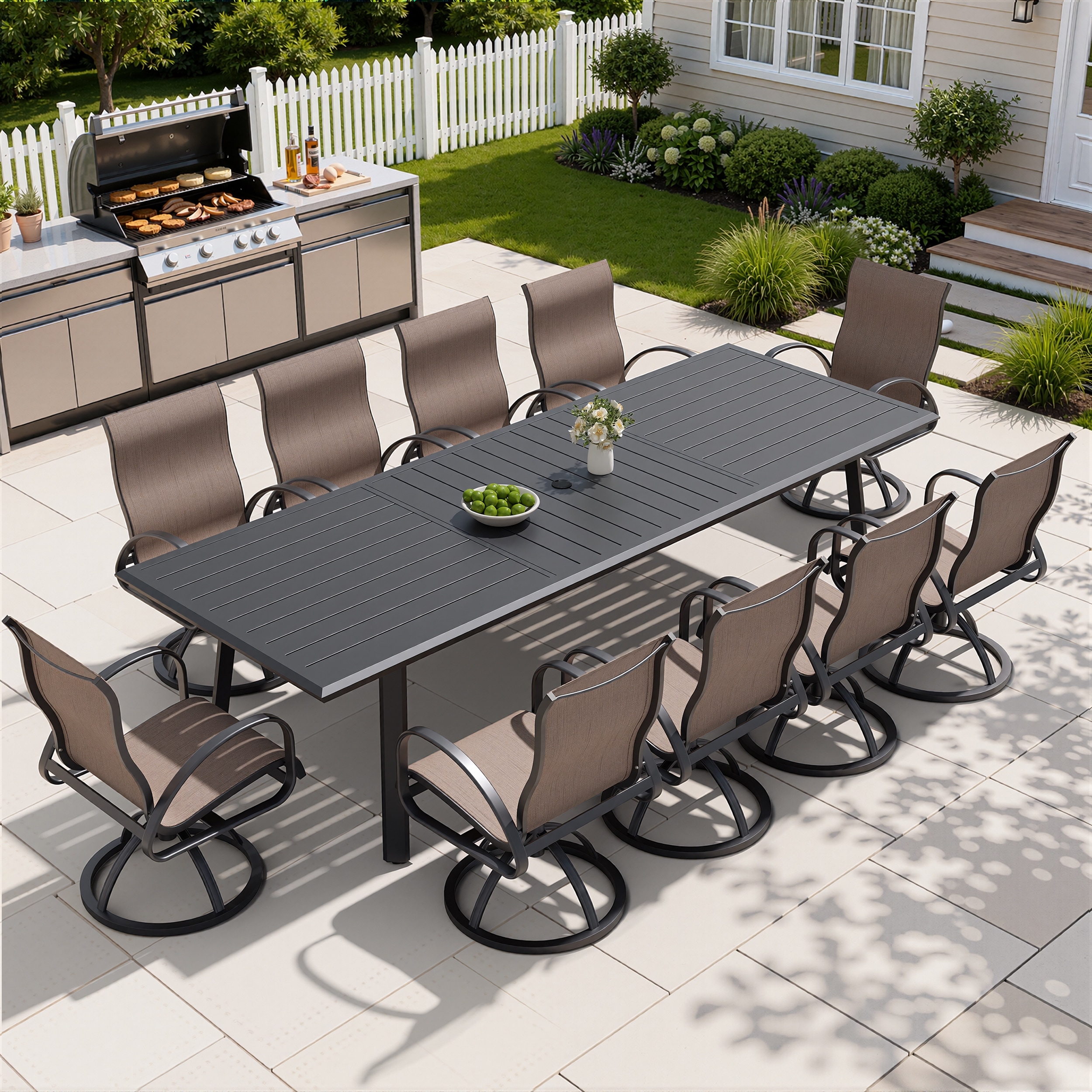 7/9/11PC Outdoor Patio Luxurious All-Aluminum Dining Table Set with Sunbrella Swivel Dining Chairs