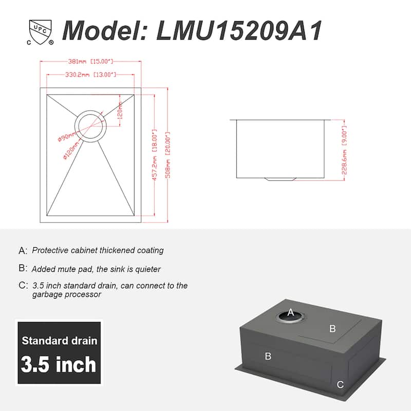 15" W x 20" D Undermount Bar Prep Kitchen Sink - 15" x 20"
