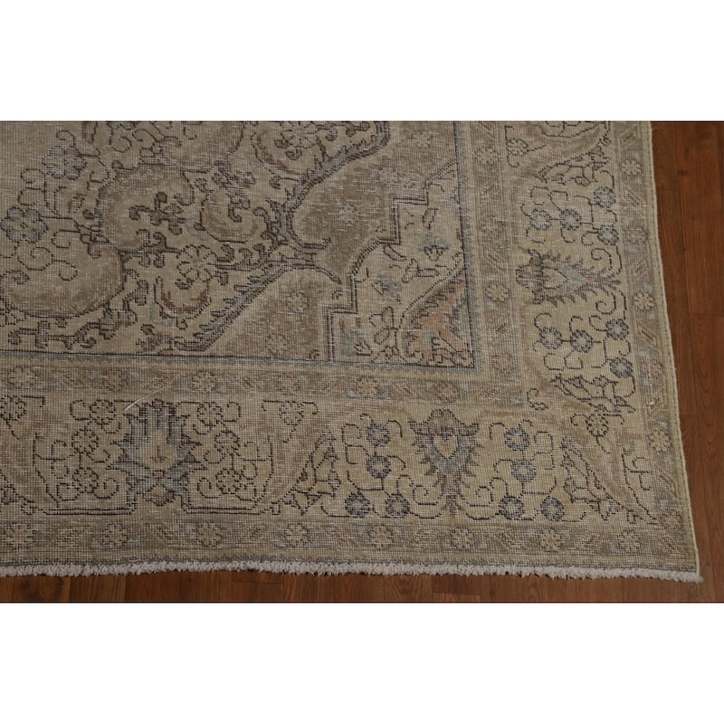 Tabriz Persian Vintage Rug Handmade Oriental Beige Wool Carpet - 9'6" x 12'10"