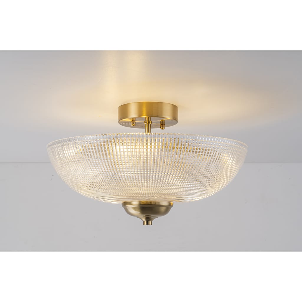 Industrial 3-Light Gold Semi Flush Mount Lights with Grid Textured Glass - Brass