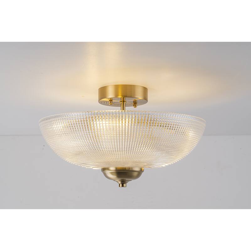 Industrial 3-Light Gold Semi Flush Mount Lights with Grid Textured Glass - Brass
