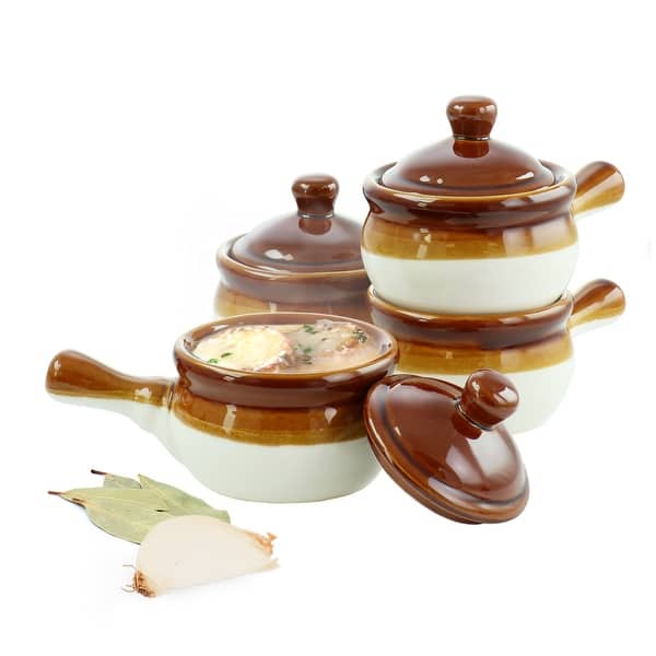Elama 4 Piece Long Handle 15 Ounce French Onion Soup Bowl with Lid - 15 Ounce