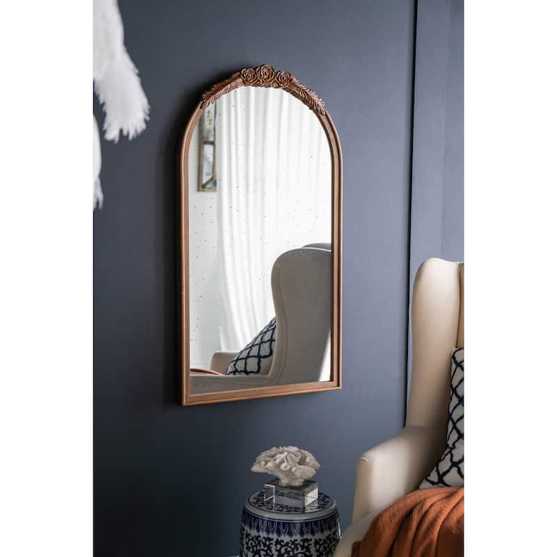 23" x 42" Hand Carved Rose Antique Mirror Frame, Wood Arch Mirror Wall Decor for Living Room, Bathroom, Entryway