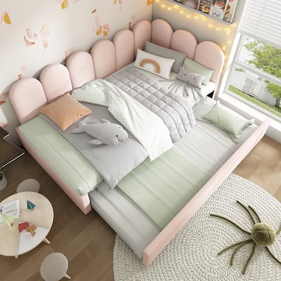 L-Shaped Daybed with Pull-Out Trundle - Velvet Upholstered Space-Saving Sleeper for Kids & Guests