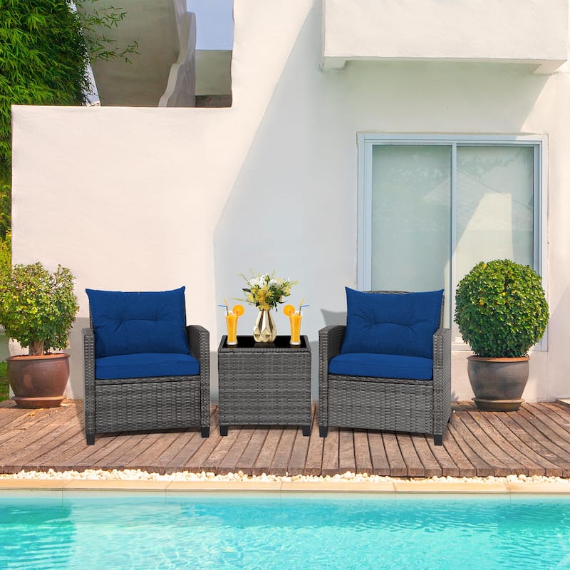 3-Piece Outdoor Wicker Patio Furniture Set with Tempered Glass Coffee Table - 26.5" x 26.5" x 30" (L x W x H)