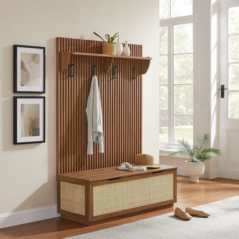 Soma Fluted 3-in-1 Hall Tree With Storage Bench and Coat Rack - Walnut