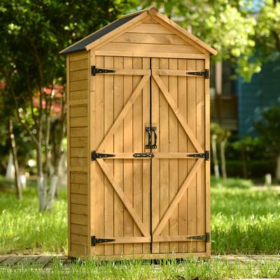 Outdoor Wood Lean-to Storage Shed, Backyard Tool Storage Cabinet with Waterproof Asphalt Roof & Lockable Doors, Shelves