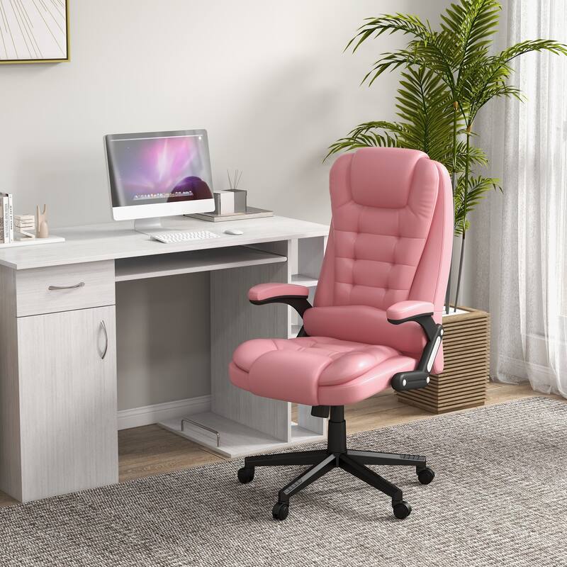 High Back Massage Office Chair with 6 Vibration Points, Heated Reclining Leather Computer Chair with Armrest and Remote - Pink