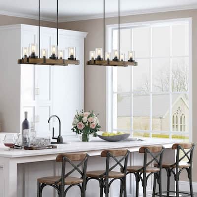 Modern Farmhouse 6-Light Linear Chandelier Rustic Wood Island Light for Dining Room