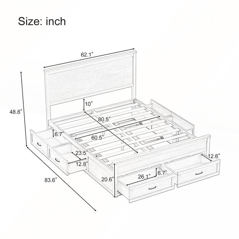 Modern Queen Size Wood Storage Bed Frame with 6 Drawers