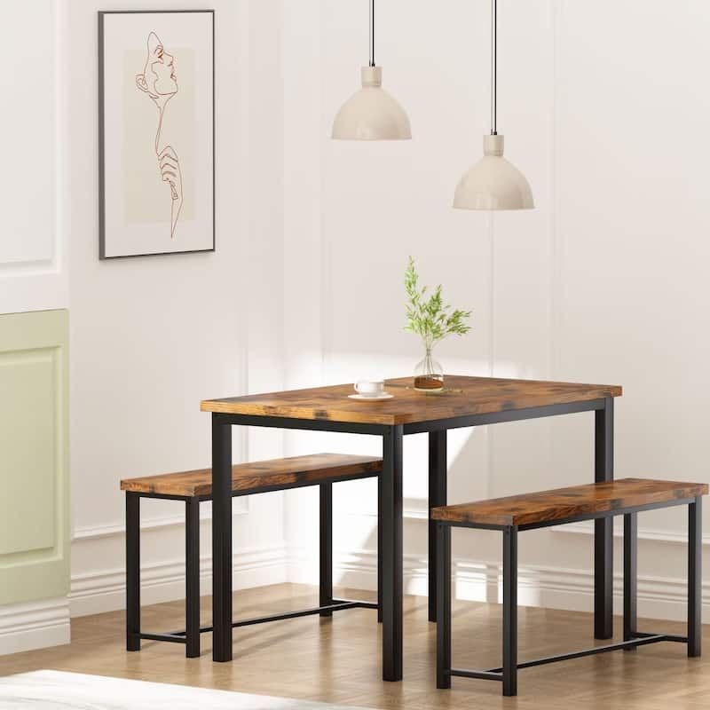 Industrial 3-Piece Dining Table Set, Retro Wood Kitchen Table Set with 2 Benches for Home Kitchen, Dining Room, Restaurant