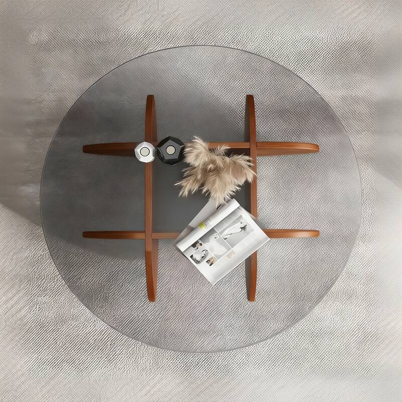 Modern Round Coffee Table for Living Room, Mid Century Center Table with Tempered Glass Top and Wood, Walnut