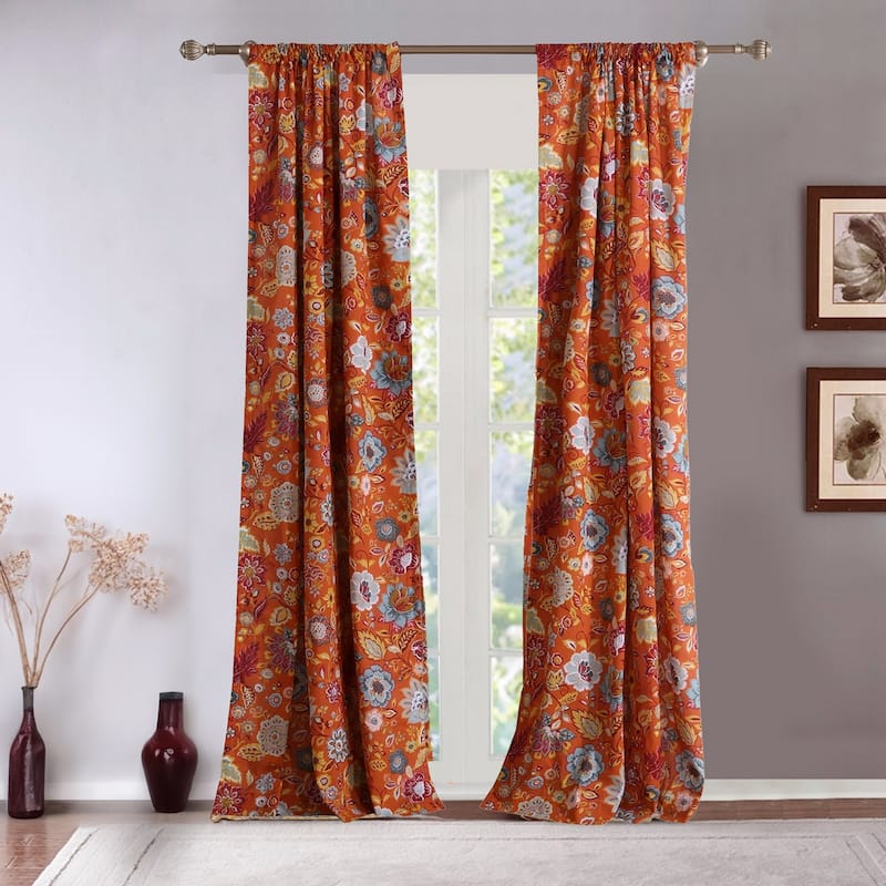 Paris 4 Piece Floral Print Fabric 2 Curtain Panel with Ties, Orange