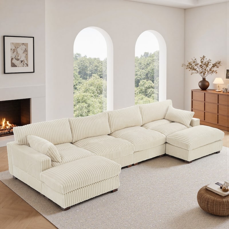 Modern Oversized Plush Corduroy Modular Sectional Sofa with 2 Ottomans