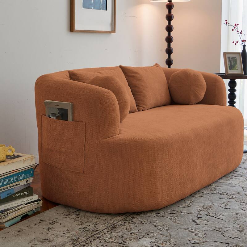 Chenille Loveseat with Round Armrests, Memory Foam 2-Seater Couch with 4 Throw Pillows, Deep Seat Sofa for Living Room