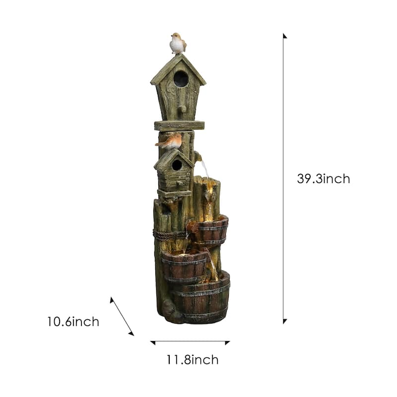 39.3in Outdoor Water Fountain w/LED Lights, Birdhouse Garden Fountain