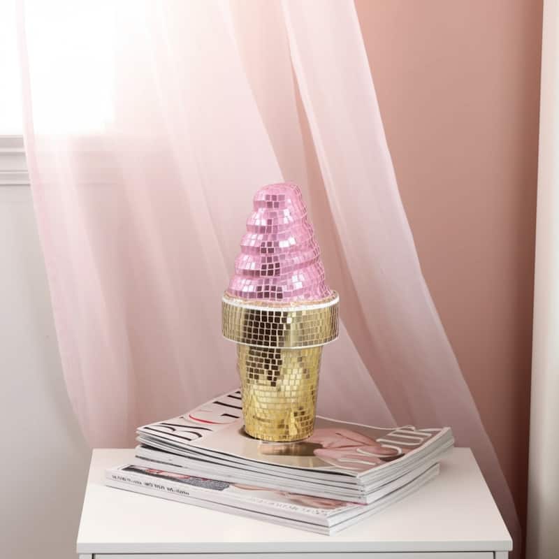 Glass Wood Figurine Mosaic Ice Cream Cone for Home Decor - 9" Pink - 4.25" x 4.25" x 9"