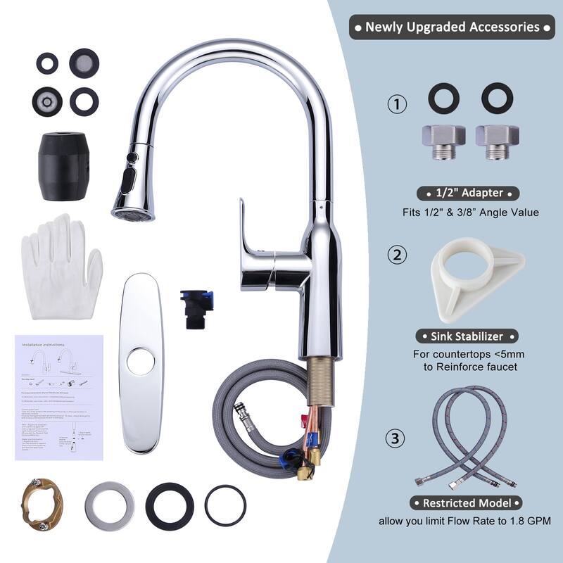 WOWOW 3-Functions Single-Handle Pull Down Sprayer Kitchen Faucet