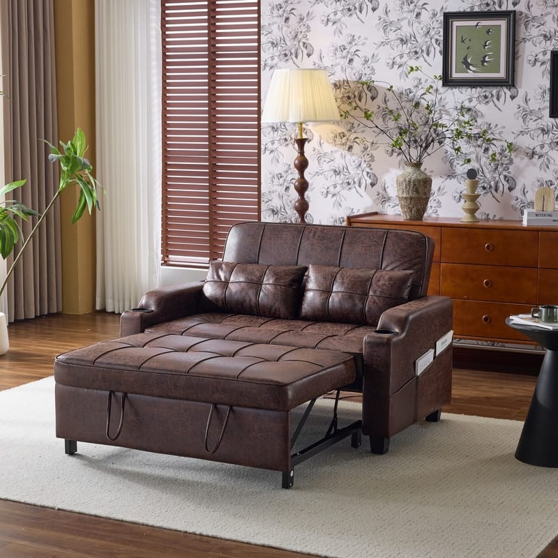 Upholstered Cat's Claw Leather Convertible Reclining Sleeper Sofa Bed With Cushions For Small Spaces