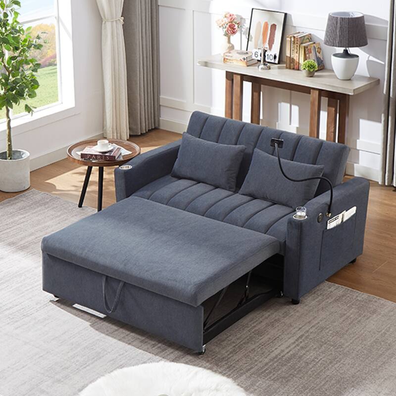 Modern Convertible Sofa Bed with 3 USB Ports, 2 Side Pockets, 2 Cup Holders and Phone Holder for Living Room and Apartment