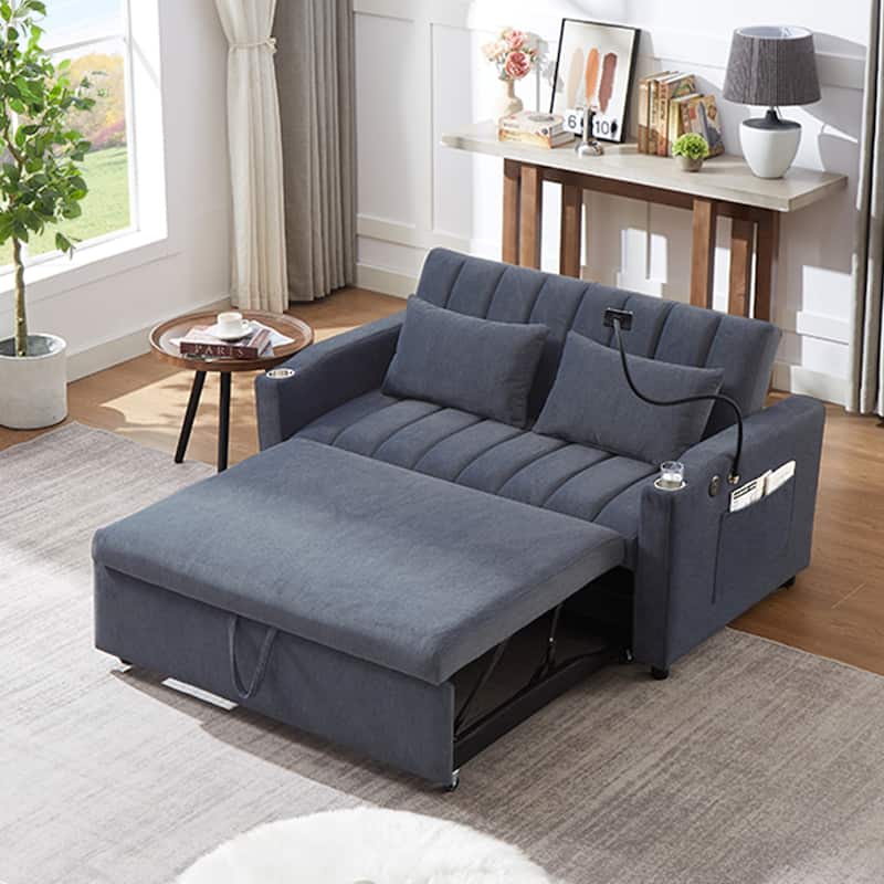 Roomfitters Convertible Loveseat Sofa Bed with USB Ports, Side Pockets, Cup Holders, and Swivel Phone Holder for Living Room - Blue-Grey