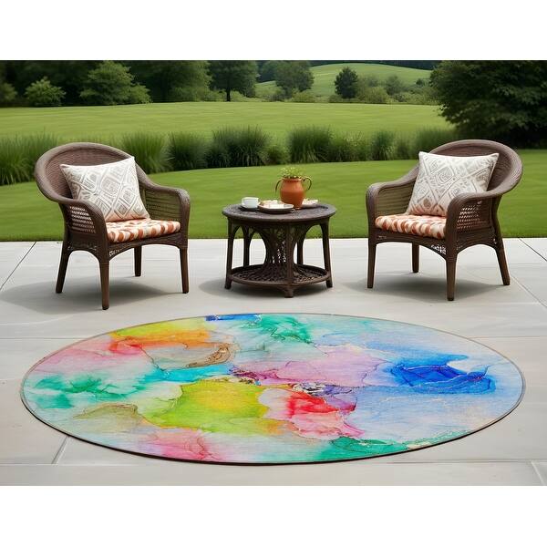 8' Round Blue and Green Round Abstract Indoor Outdoor Area Rug 8' Round Blue and Green Round Abstract Indoor Outdoor Area Rug