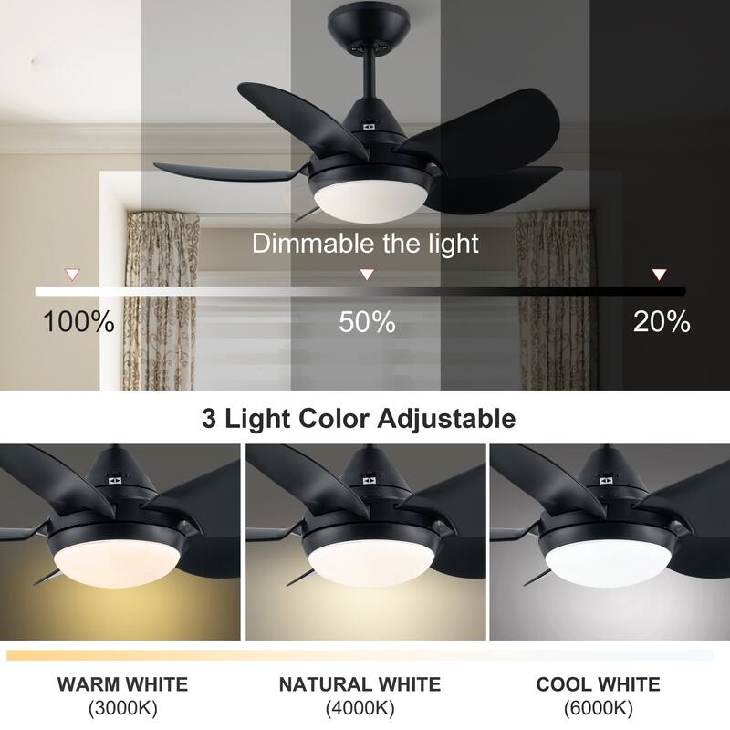 30 in. Indoor Integrated LED Matte Black Small Ceiling Fan Downrod Mount with Light Kit and Remote Control - 30 INCHES