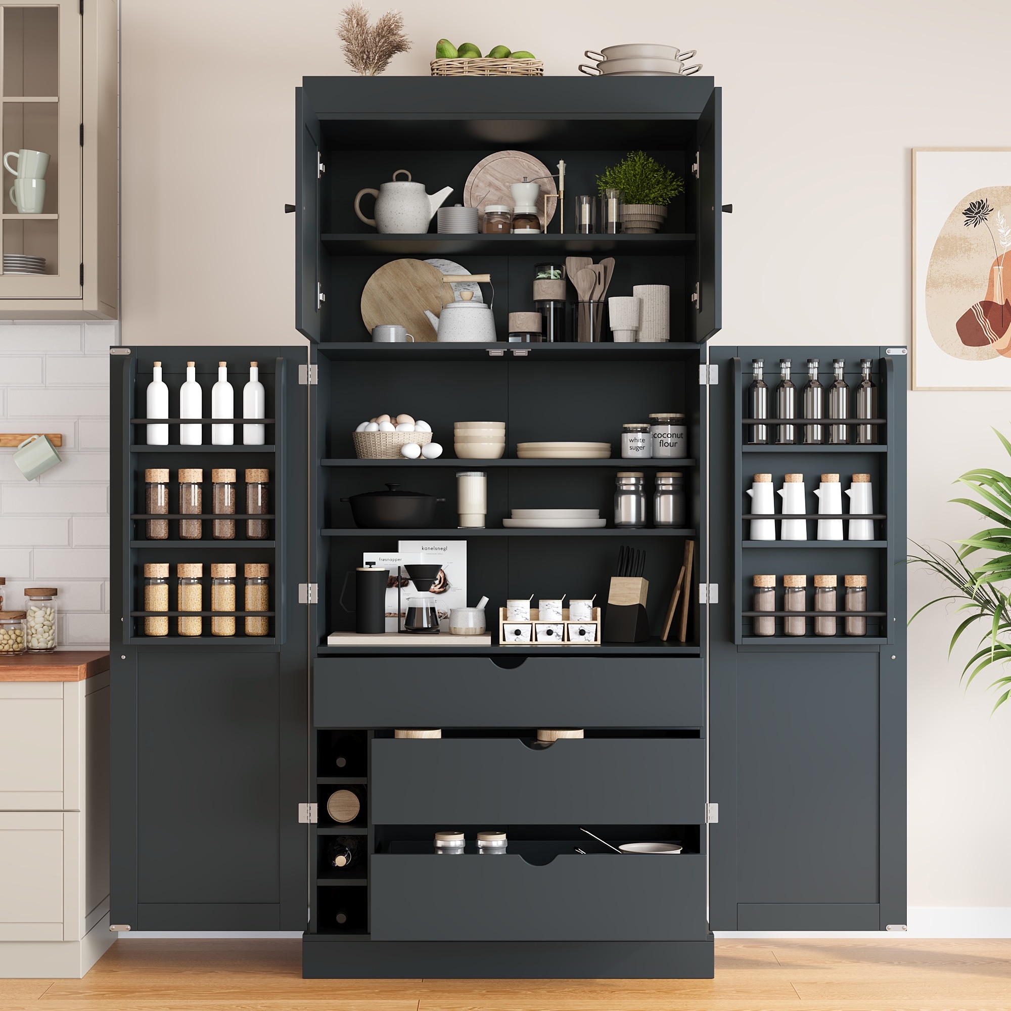 77" Tall Buffet Sideboard Storage Cabinet for Dining Room, Freestanding Kitchen Pantry Cabinetwith Drawers and Wine Racks