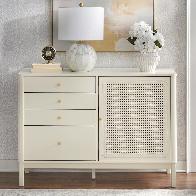 Lifestorey Bayview 4-Drawer Dresser with Cabinet and Rattan - Ivory