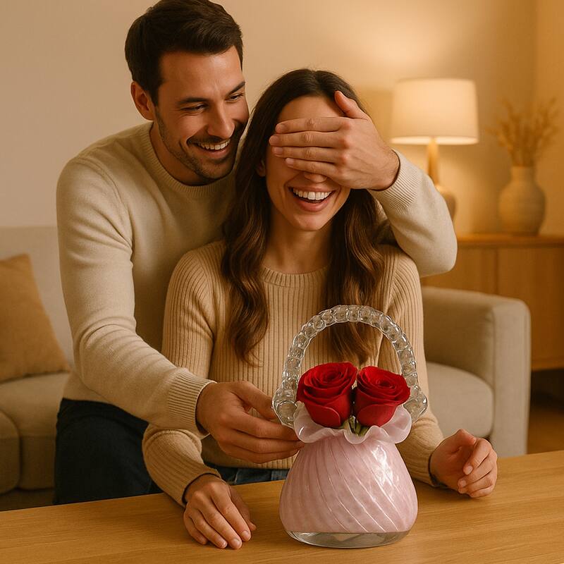 Pink Scalloped Glass Basket Vase Decorative Floral Display Accent