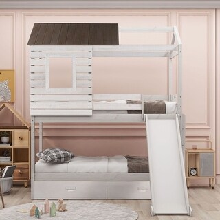 White Twin Over Twin Bunk Bed with Two Storage Drawers and Slide - Bed ...