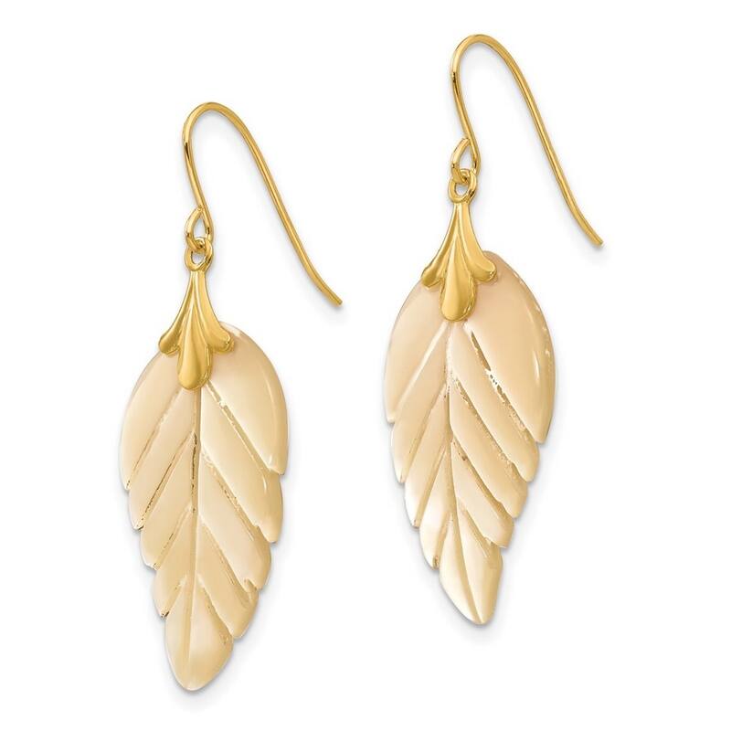 Curata 14k Yellow Gold Mother of Pearl Leaf Dangle Earrings (13mm x 33mm)