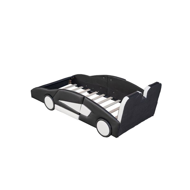 Twin Size Race Car-Shaped Platform Bed with Guardrails and Wheels, Durable Pine Wood Construction, Fun for Kids