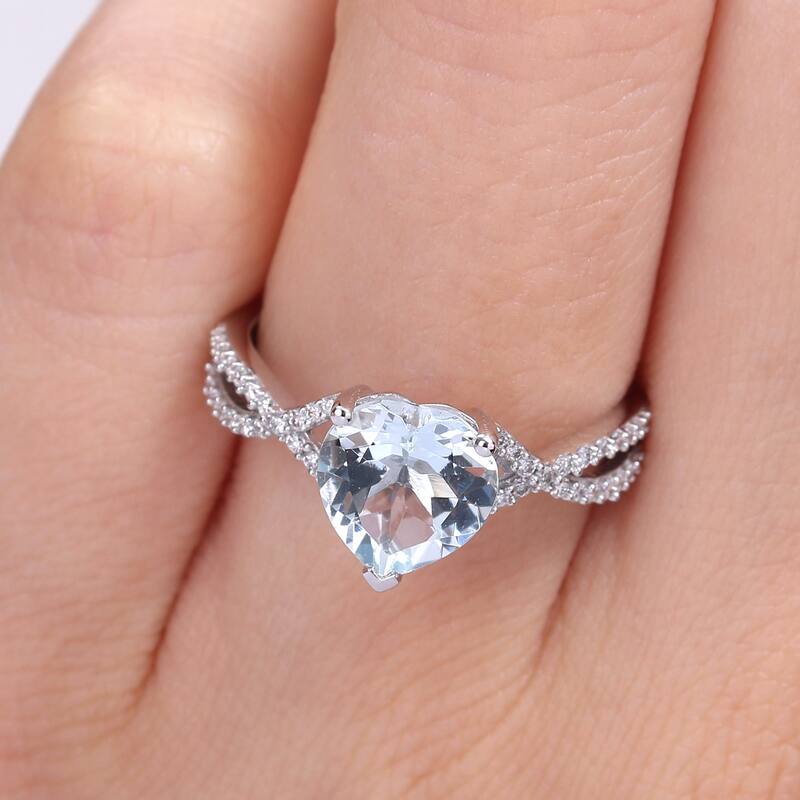 Miadora Heart-cut Aquamarine and 1/5ct TDW Diamond Crossover Ring in 14k White Gold