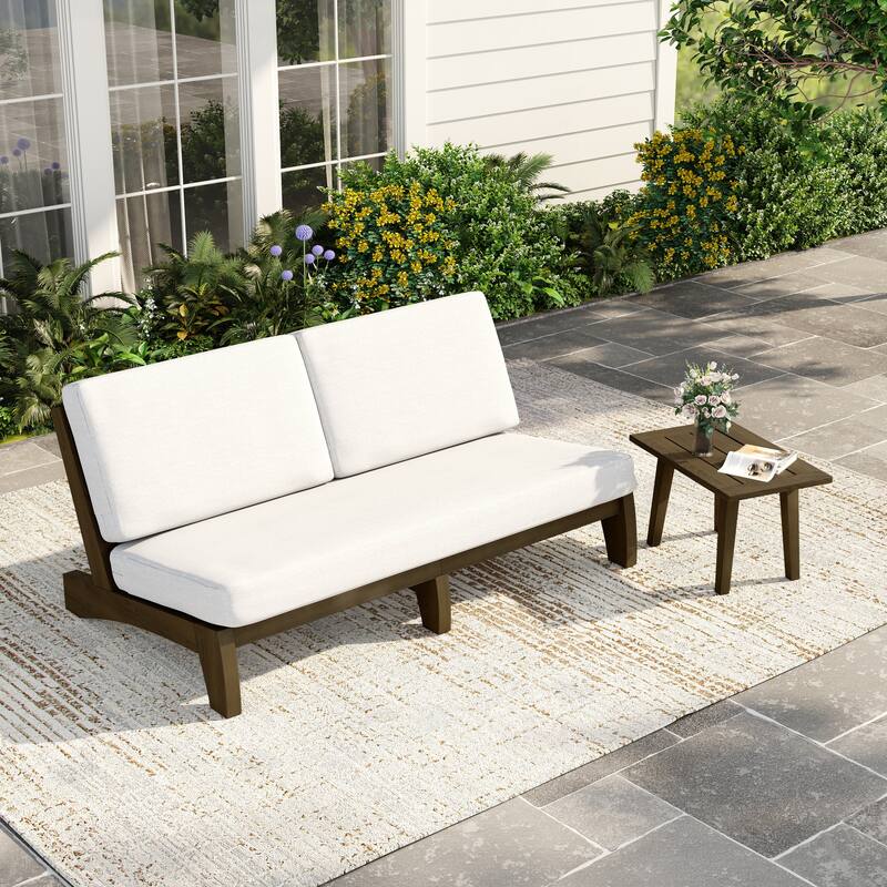 2-Piece Casual Teak Outdoor Patio Sofa Set with Side Table