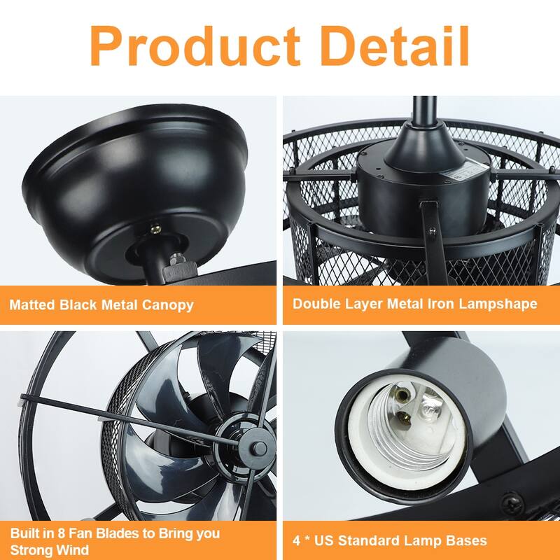 Cage Ceiling Fan with Light and Smart Control for Bedroom, Farmhouse