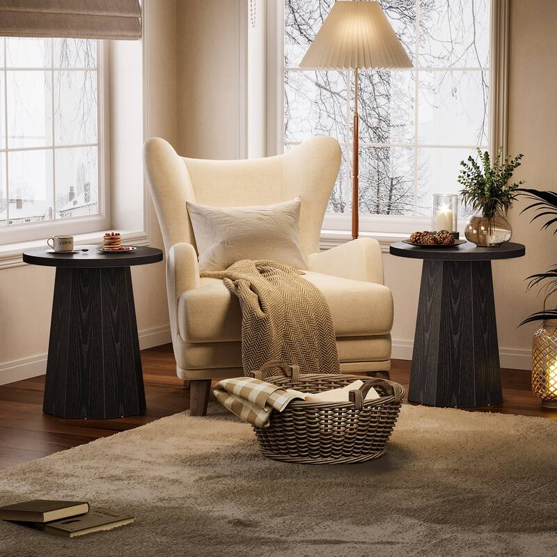 Farmhouse Wood Round End Side Couch Table with Octagonal Base