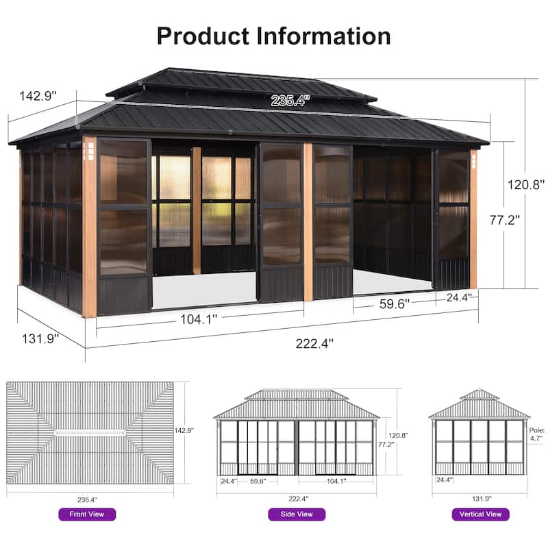PURPLE LEAF Double Top Outdoor Sunroom Screen House Patio Hardtop Gazebo