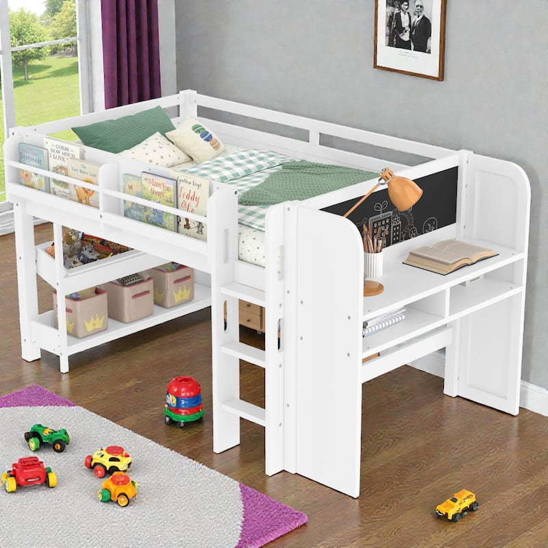Low Loft Bed with Desk, Storage Bookcases, Drawers & Boxes, Solid Wood Kids Loft Bed with Blackboard Shelf