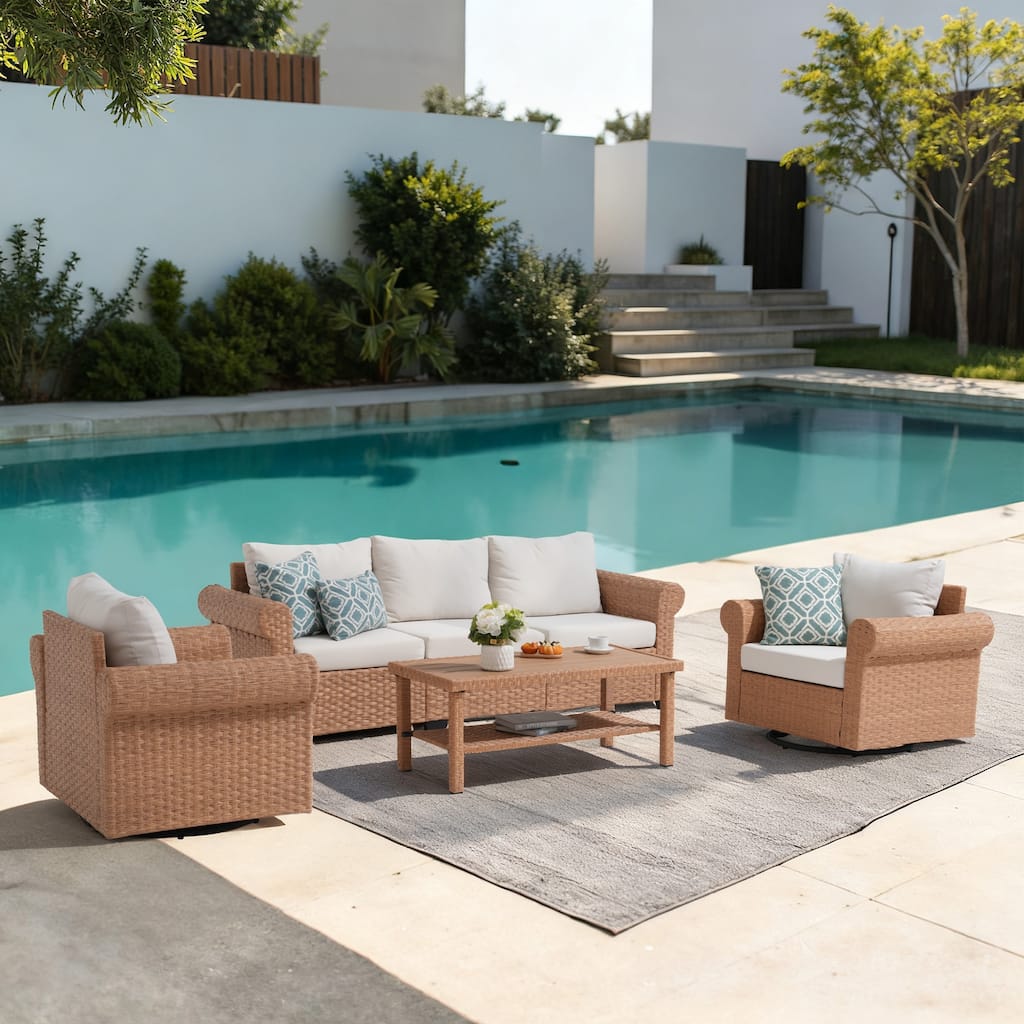 Outdoor 4-Piece Garden Patio Sofa Set, with Swivel Single Chair